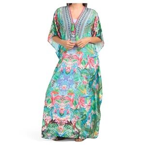 NWT La Moda Tropical Cover Up Caftan Garden Maxi Dress w/ Embellishments One Sz